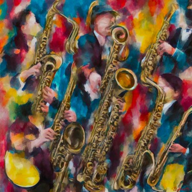 Jazz band saxophonists sur fond rouge et jaune