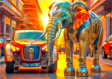 Éléphant robotique et voiture de collection